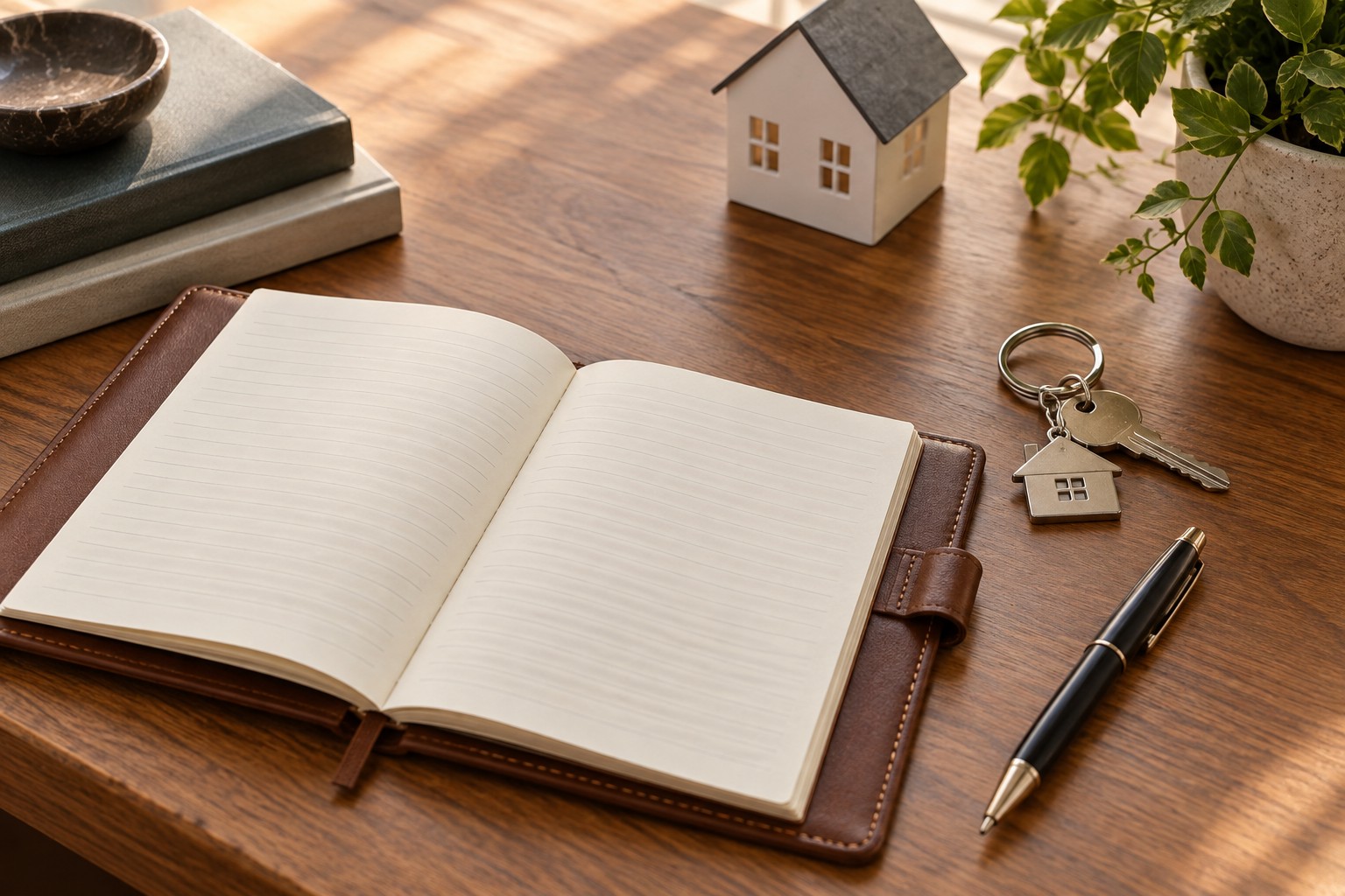 An open notebook and house keys on a desk, representing Anibal Acevedo Jr, Exclusive Listing Agent
