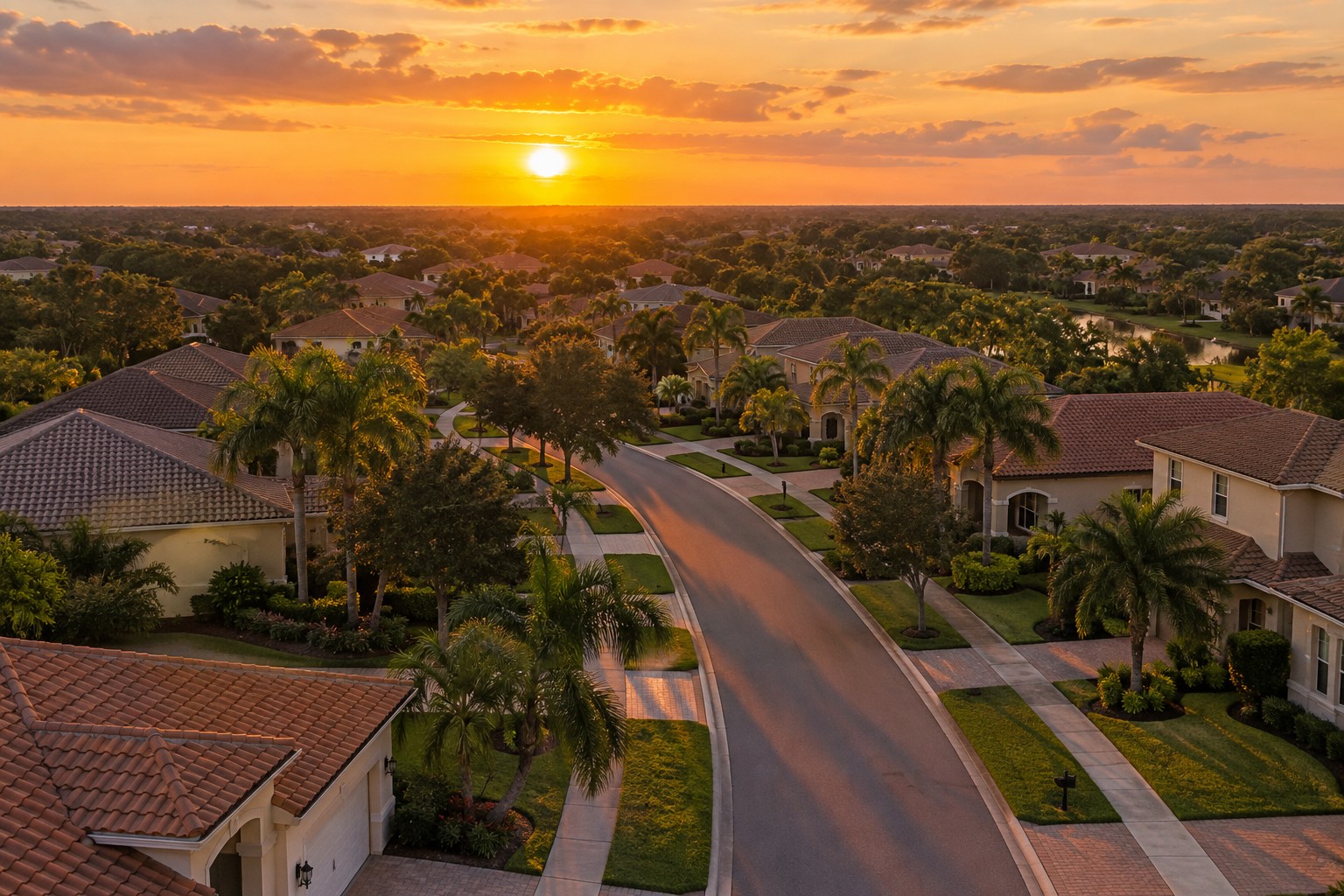 An Orlando, Florida neighborhood street at golden hour, illustrative