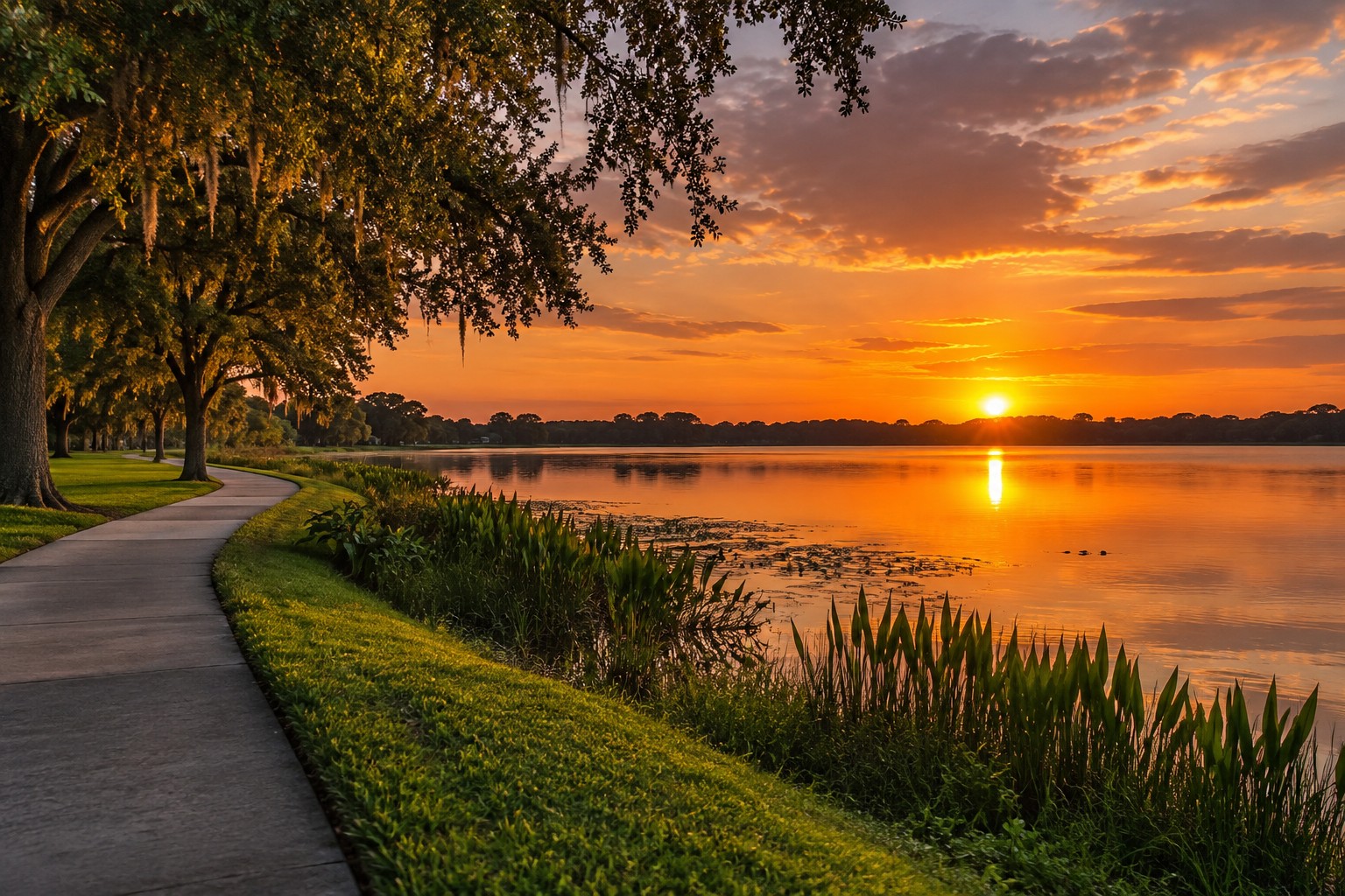A Maitland, FL lakefront at sunset, illustrative