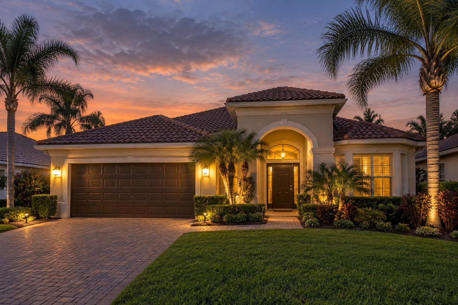 An Orlando area home exterior at dusk, illustrative